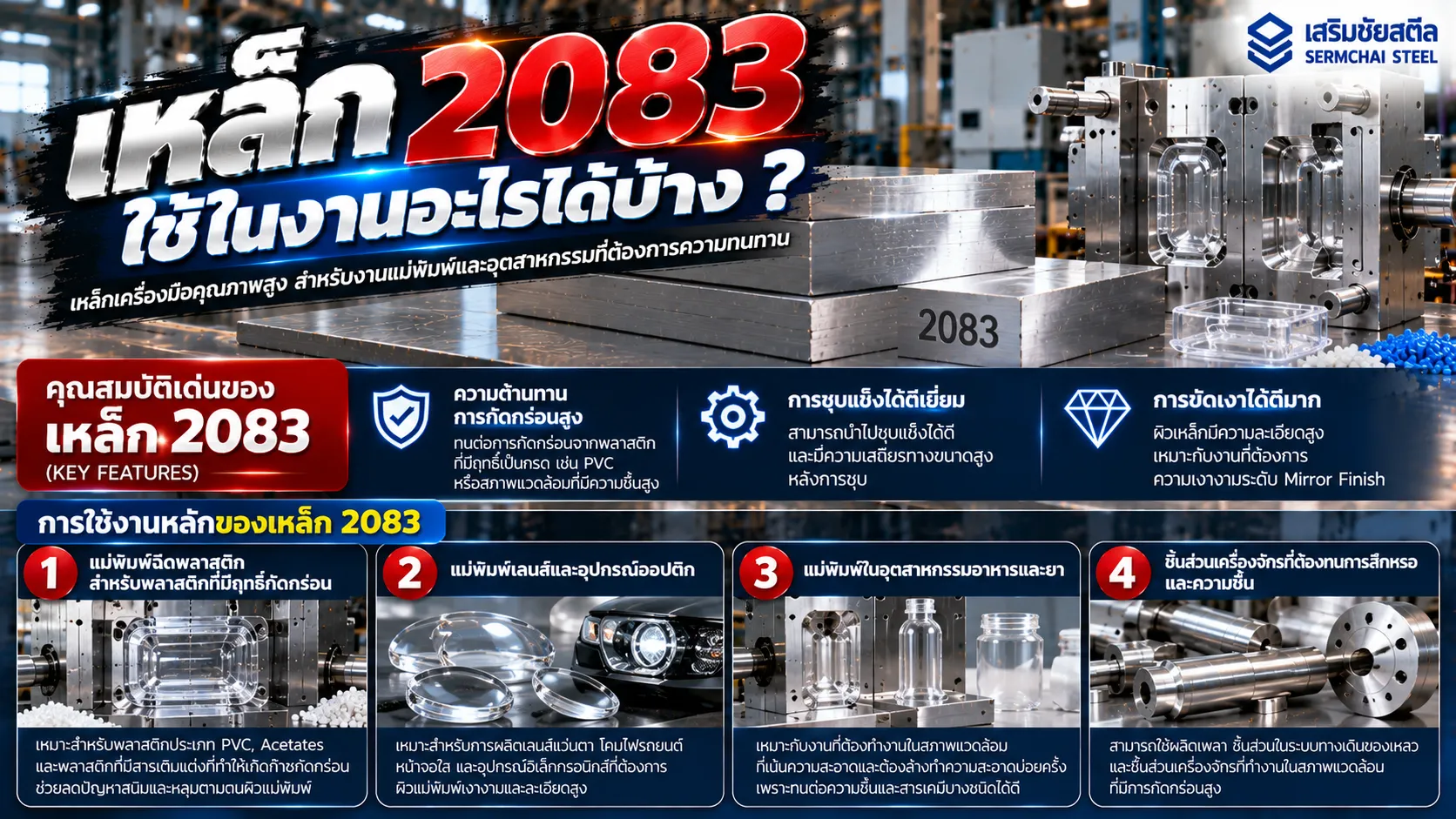 เหล็ก 2083 สำหรับงานแม่พิมพ์ฉีดพลาสติก แม่พิมพ์เลนส์ และชิ้นส่วนเครื่องจักรที่ต้องการความทนทานต่อการกัดกร่อน
