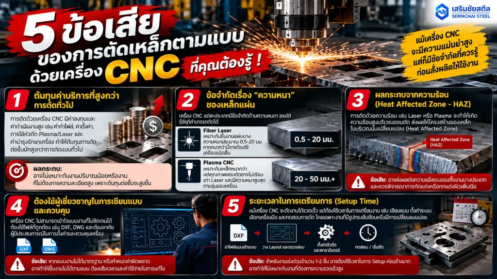5 ข้อเสียของการตัดเหล็กตามแบบด้วยเครื่อง CNC ที่ควรรู้ก่อนสั่งผลิต 1 เครื่อง CNC ตัดเหล็กแผ่นตามแบบในโรงงานอุตสาหกรรม แสดงกระบวนการตัดเหล็กด้วยระบบอัตโนมัติ