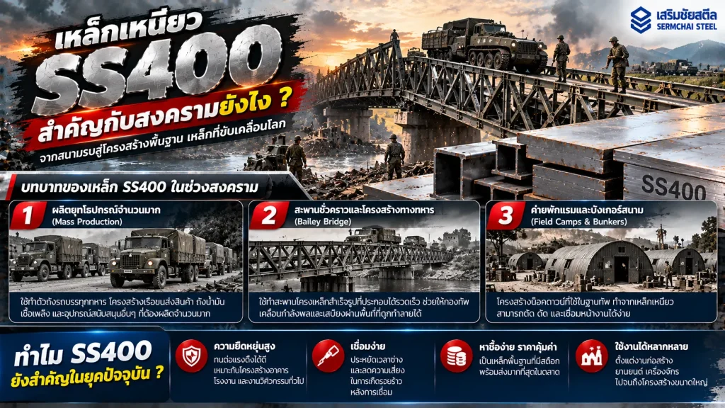 บทบาทของเหล็กโครงสร้างในช่วงสงครามกับสะพานชั่วคราว รถขนส่ง และการประยุกต์ใช้เหล็กเหนียว SS400 ในอุตสาหกรรมปัจจุบัน