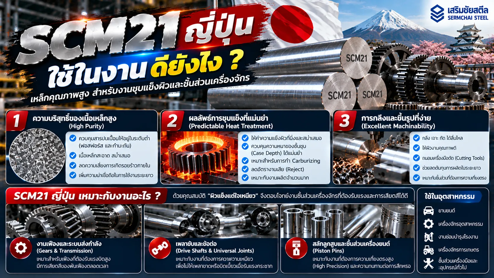 เหล็ก SCM21 ญี่ปุ่น คุณสมบัติการชุบแข็งผิว การกลึงขึ้นรูป และการใช้งานผลิตเฟือง เพลา และชิ้นส่วนเครื่องจักรอุตสาหกรรม