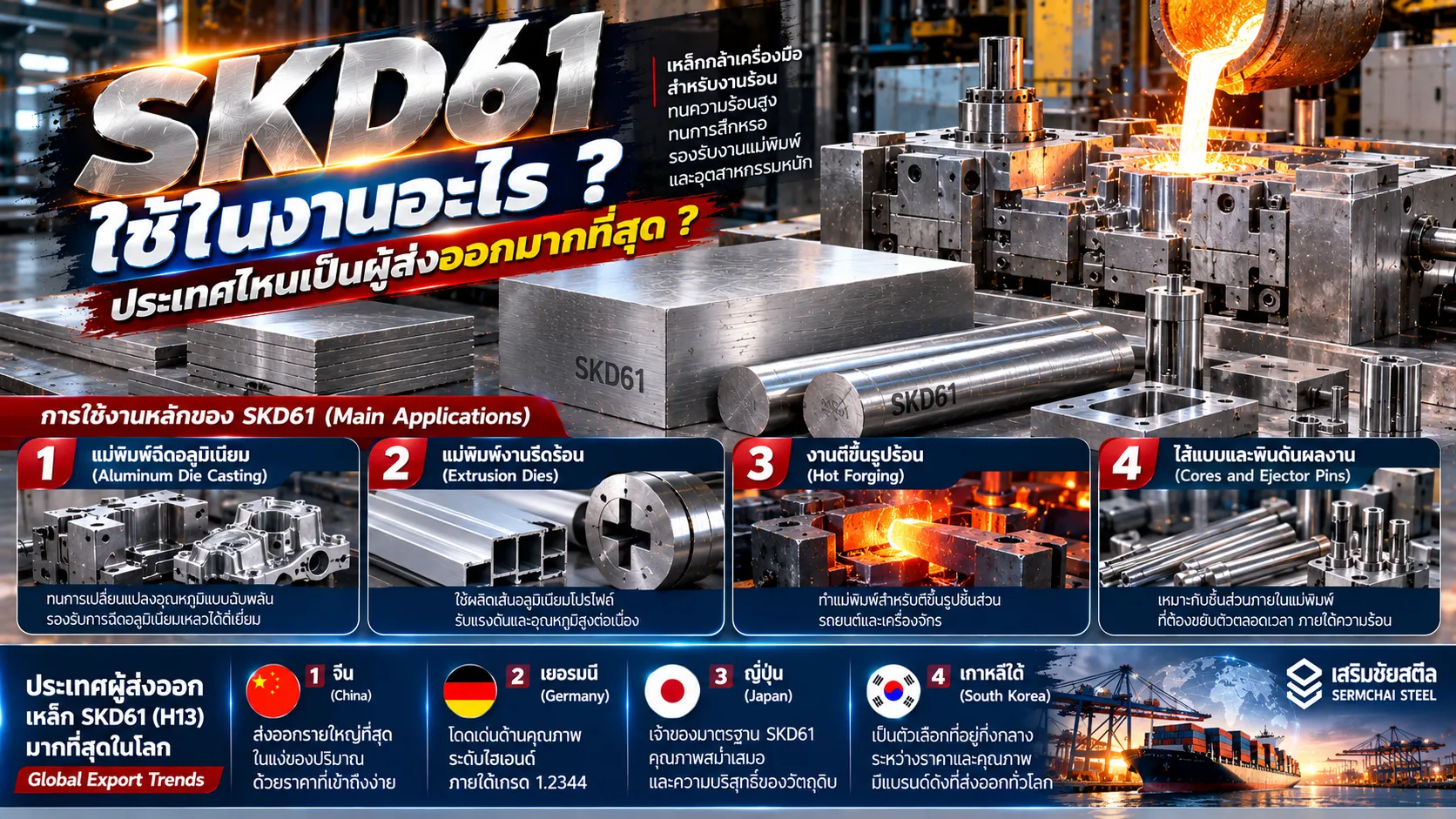 เหล็ก SKD61 สำหรับงานแม่พิมพ์ฉีดอลูมิเนียม งานรีดร้อน และงานตีขึ้นรูปร้อน พร้อมข้อมูลประเทศผู้ผลิตสำคัญ