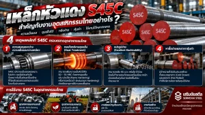 เหล็กหัวแดง S45C สำหรับงานอุตสาหกรรมไทย แสดงการกลึง การชุบแข็ง และการผลิตชิ้นส่วนเครื่องจักร