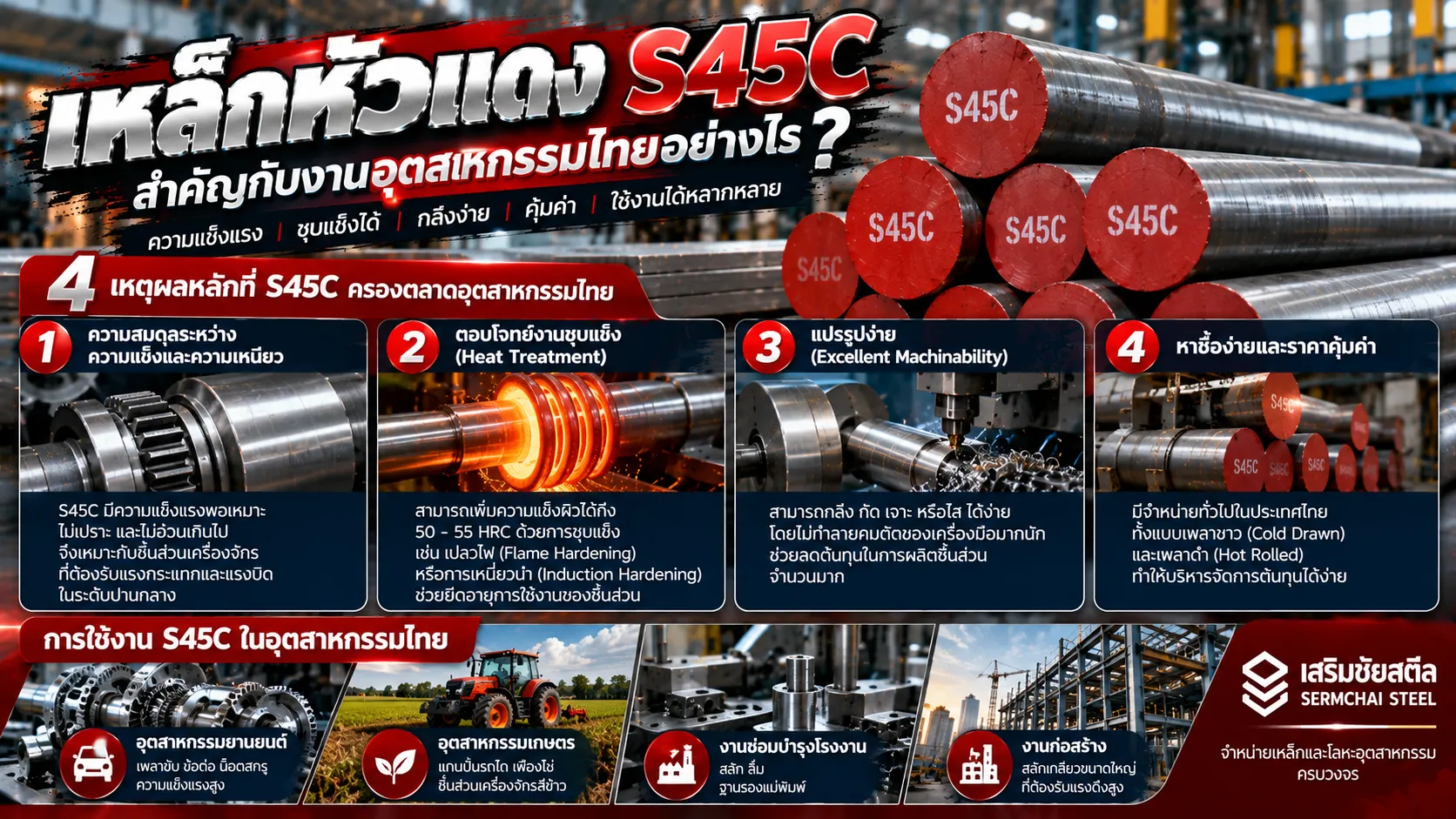 เหล็กหัวแดง S45C สำหรับงานอุตสาหกรรมไทย แสดงการกลึง การชุบแข็ง และการผลิตชิ้นส่วนเครื่องจักร