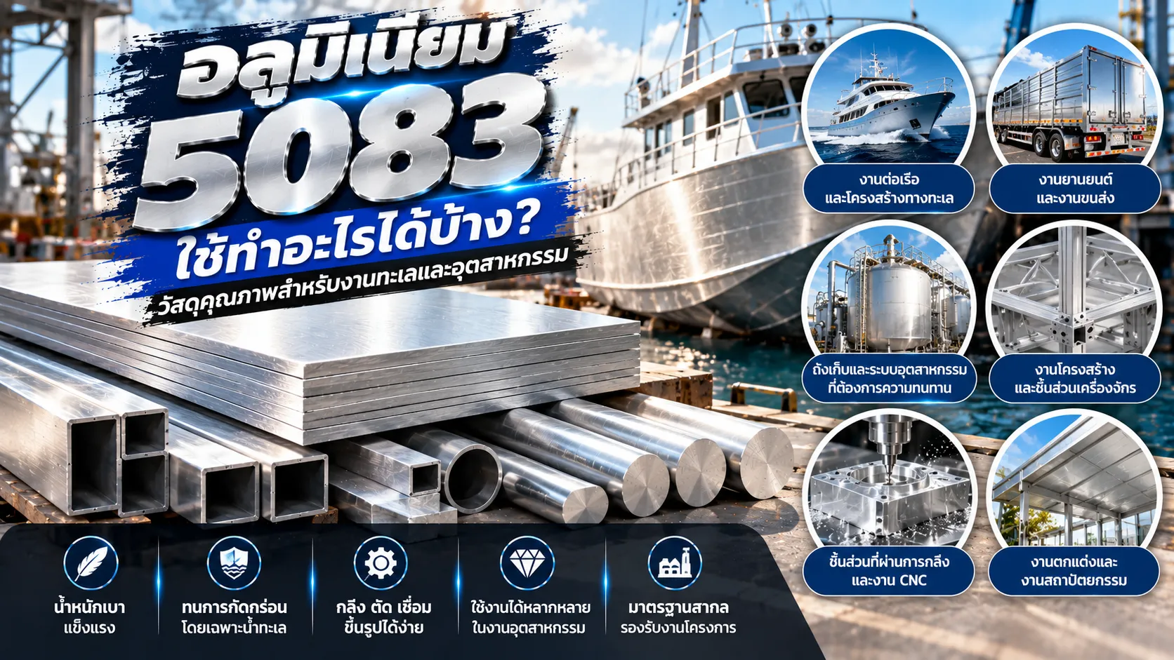 อลูมิเนียม 5083 สำหรับงานต่อเรือ โครงสร้างทางทะเล และการผลิตชิ้นส่วนอุตสาหกรรม