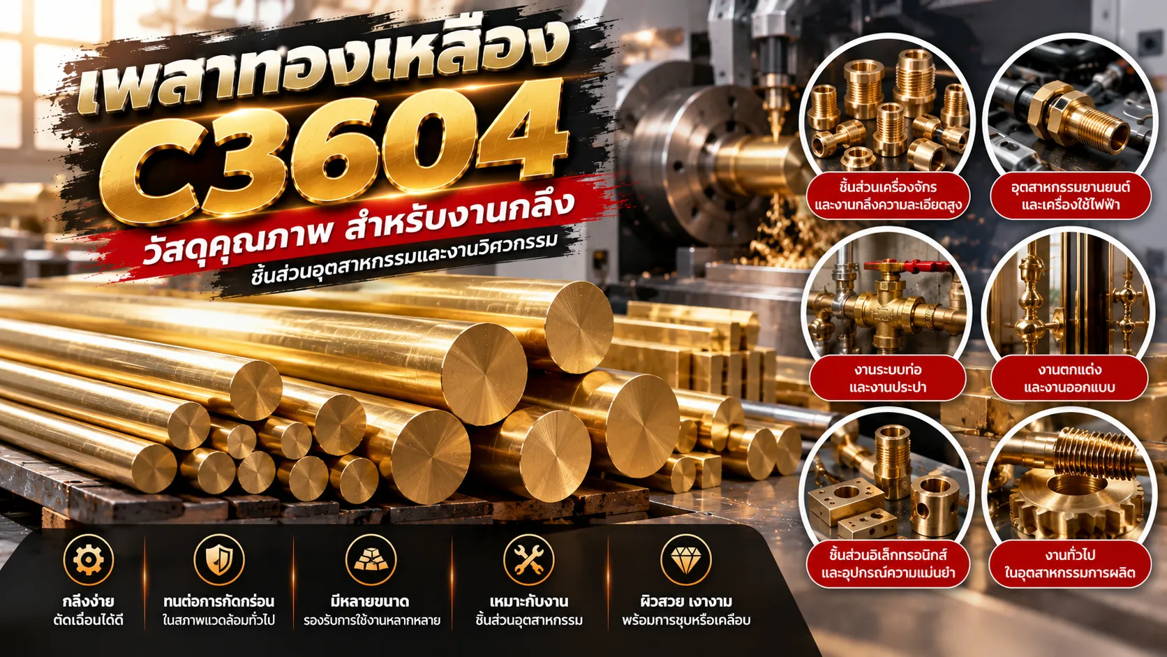 เพลาทองเหลือง C3604 สำหรับงานกลึง CNC และการผลิตชิ้นส่วนอุตสาหกรรม เช่น บูช ข้อต่อ น็อต และสกรู