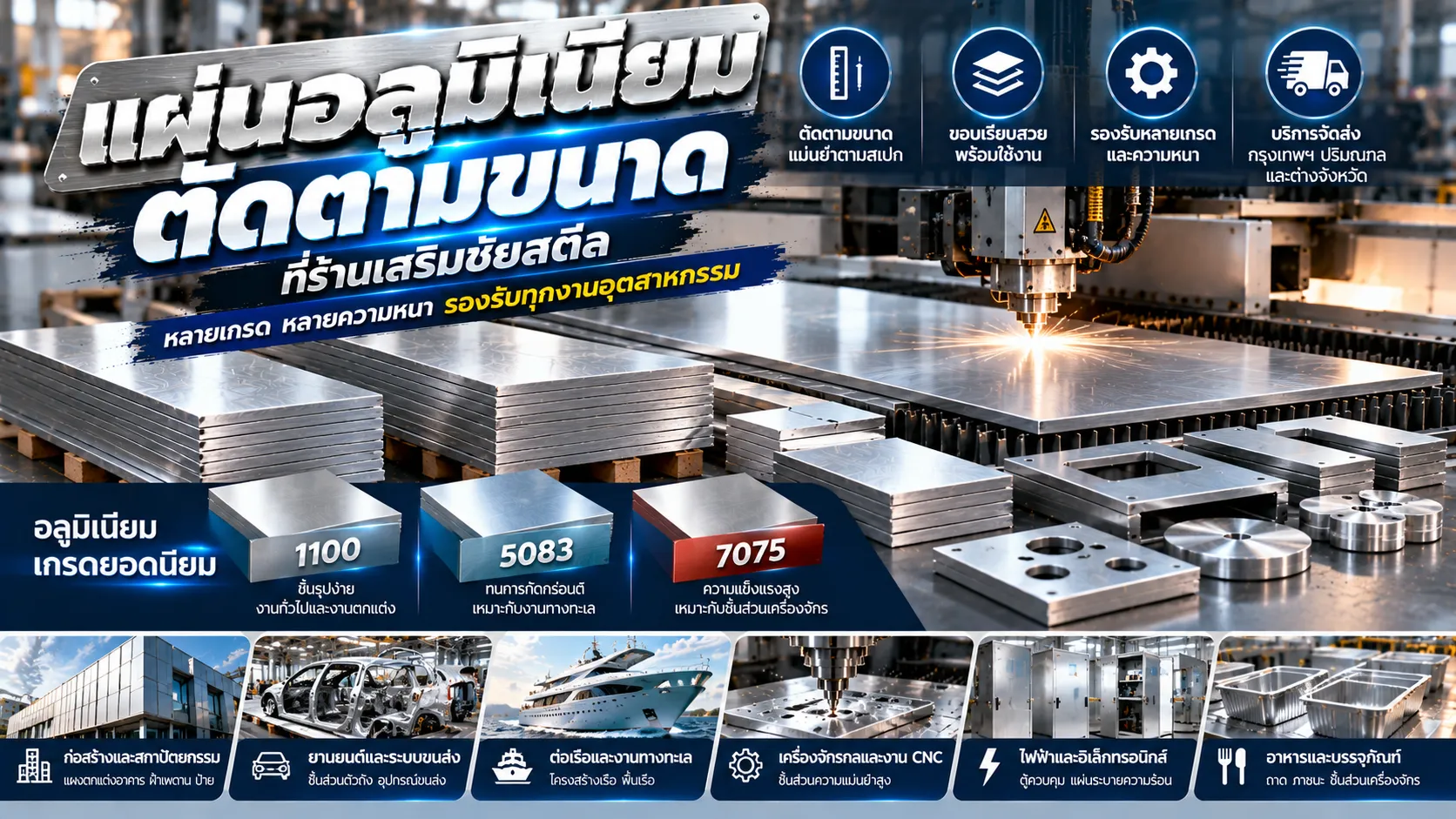 แผ่นอลูมิเนียมตัดตามขนาดสำหรับงานอุตสาหกรรมและงาน CNC จากร้านเสริมชัยสตีล