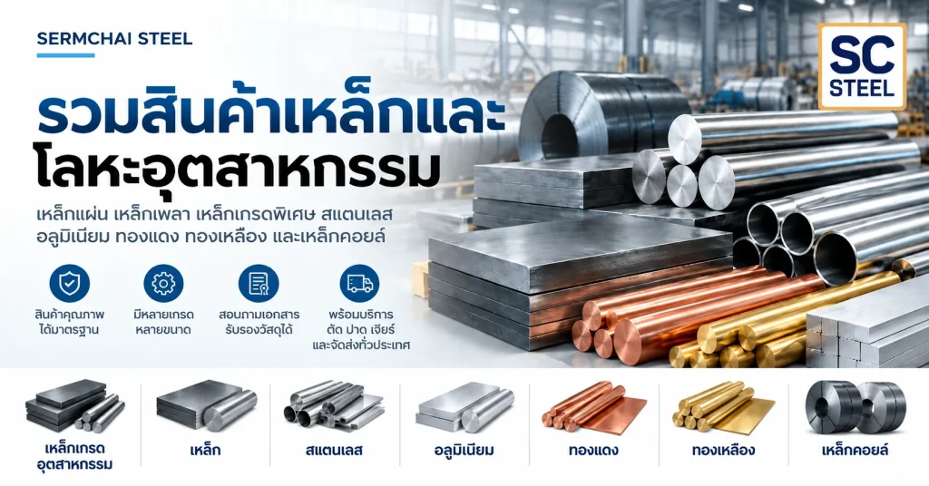 เกี่ยวกับเสริมชัยสตีล 2 รวมสินค้าเหล็กและโลหะอุตสาหกรรม Sermchai Steel เหล็กแผ่น เหล็กเพลา สแตนเลส อลูมิเนียม ทองแดง ทองเหลือง และเหล็กคอยล์