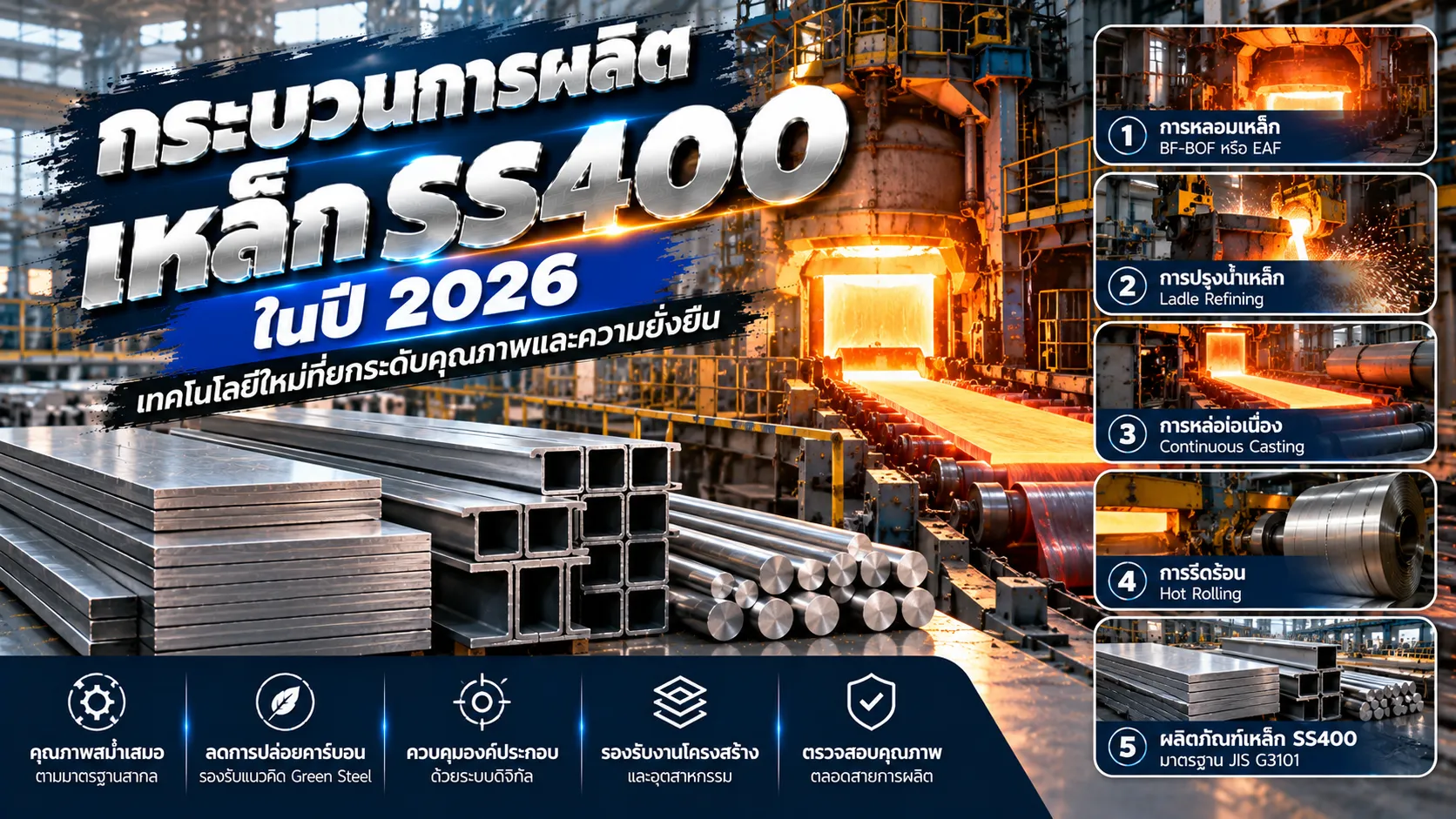 กระบวนการผลิตเหล็ก SS400 ในโรงงานอุตสาหกรรม ตั้งแต่การหลอมเหล็ก การหล่อต่อเนื่องจนถึงการรีดร้อน