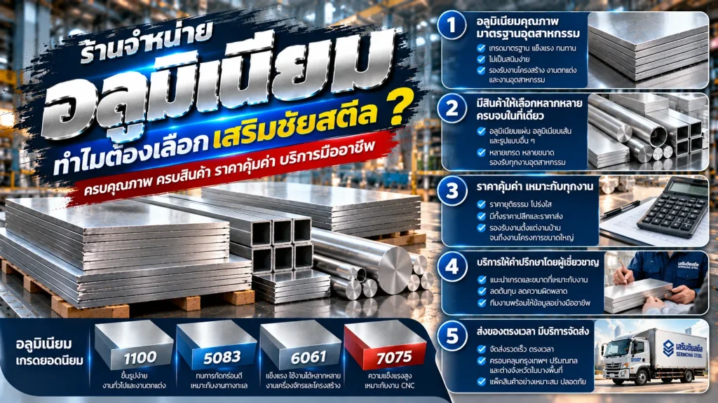 ทำไมต้องเลือกซื้ออลูมิเนียมจากเสริมชัยสตีล? 1 ร้านเสริมชัยสตีลจำหน่ายอลูมิเนียมแผ่นและเพลาหลายเกรดสำหรับงานอุตสาหกรรม พร้อมบริการให้ข้อมูลและจัดส่ง