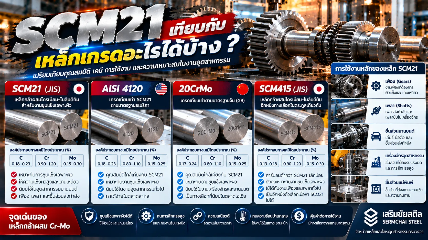 เปรียบเทียบเหล็ก SCM21 กับ AISI 4120, 20CrMo และ SCM415 สำหรับงานเฟือง เพลา และชิ้นส่วนเครื่องจักรอุตสาหกรรม