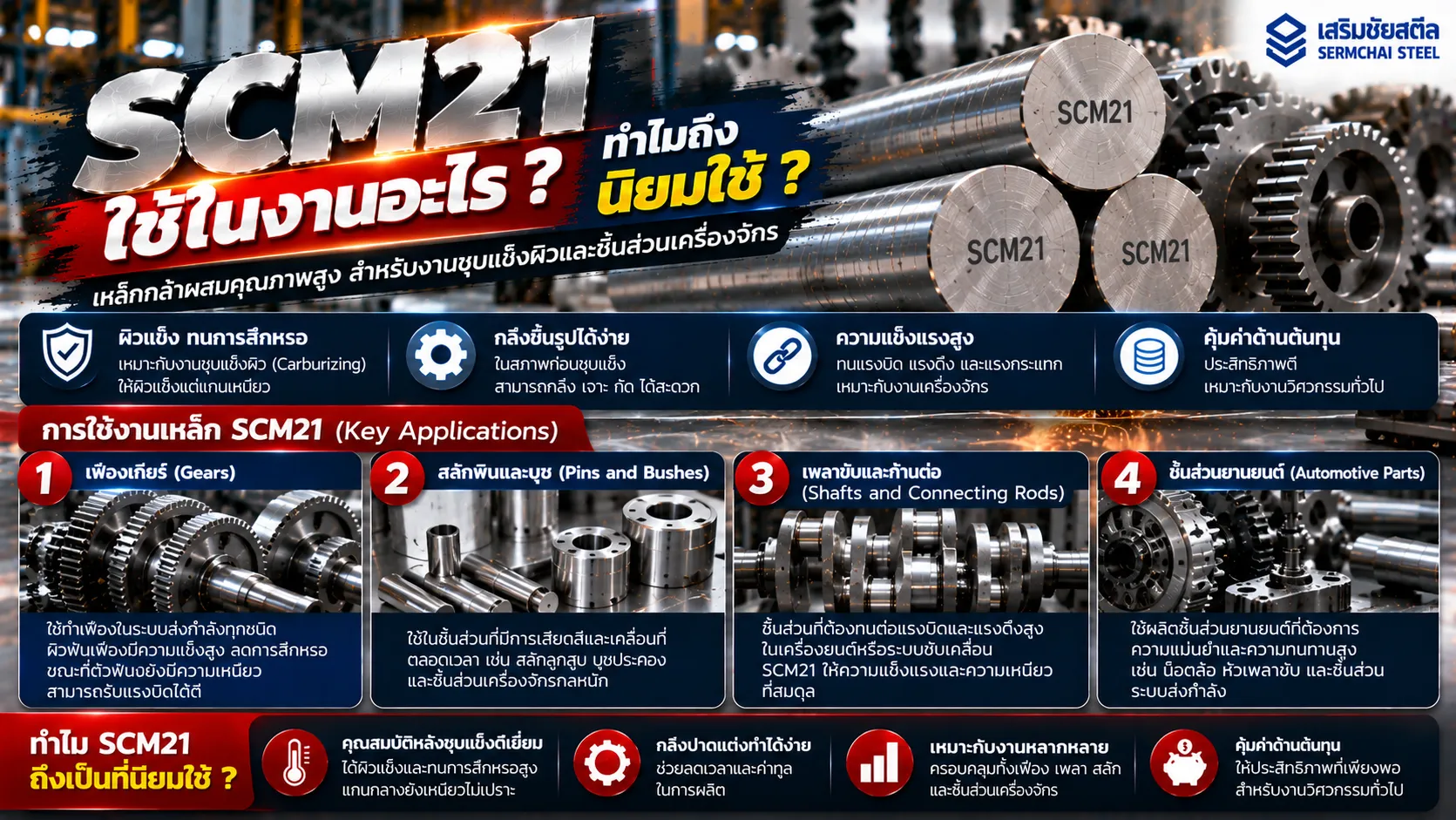 เหล็ก SCM21 ใช้ในงานผลิตเฟืองเกียร์ สลัก บุช เพลา และชิ้นส่วนยานยนต์ พร้อมคุณสมบัติด้านการชุบแข็งผิว